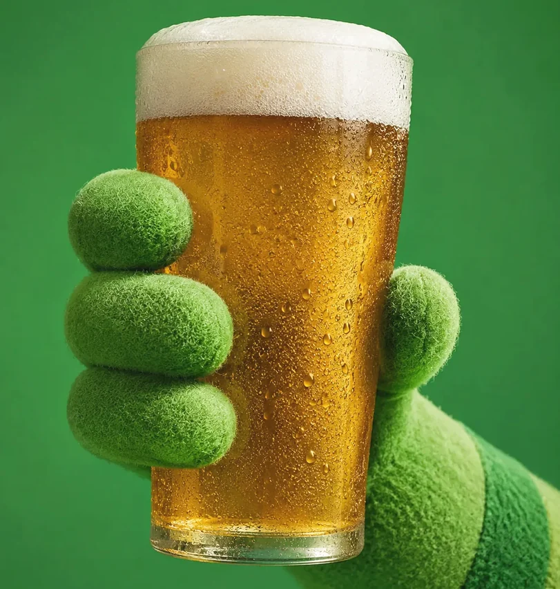 A flocked green hand raising a pint