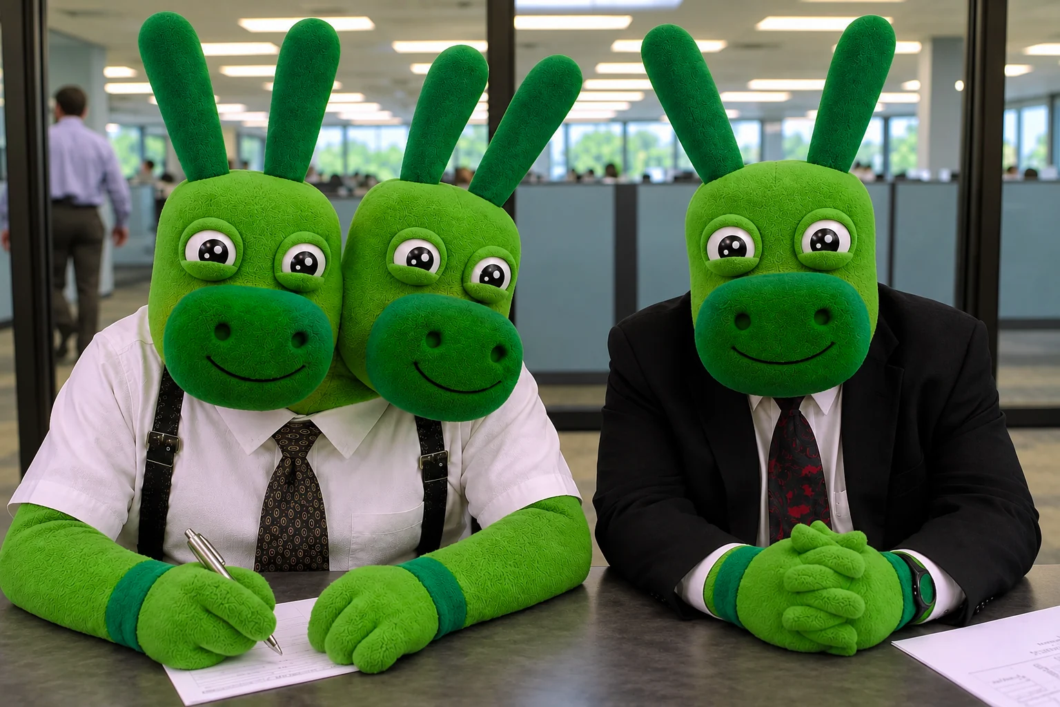 Two Donks in shirts and ties at an office desk, one taking notes