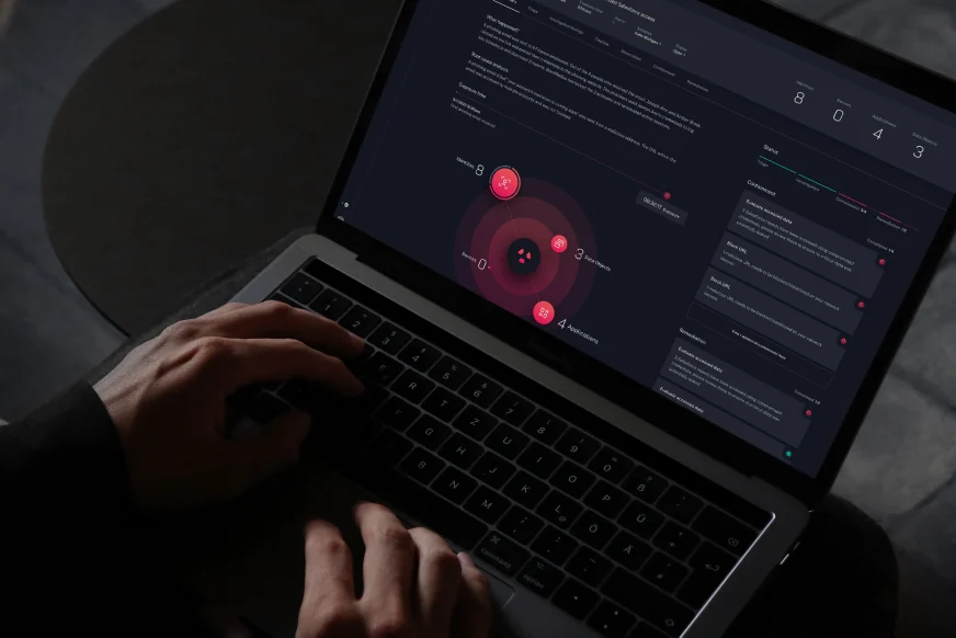 A product interface on a laptop on a desk