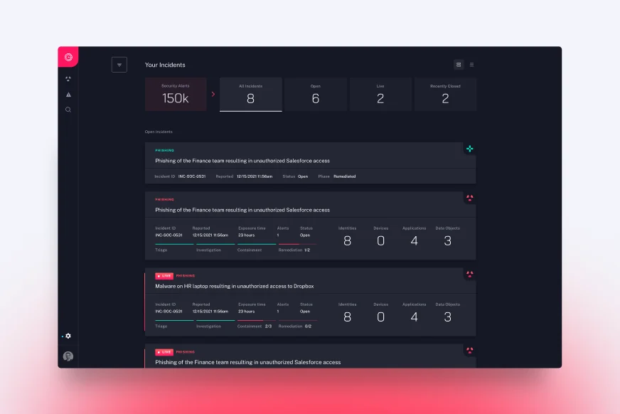 Interface panels from the product’s dark theme